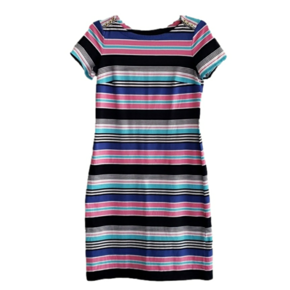 Talbots Multicolor Stripe Jersey Bodycon Dress Gold Button - Picture 3 of 7